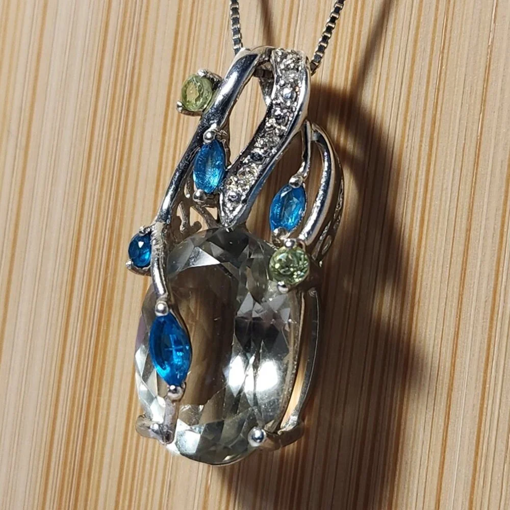 VTG 925 Natural Prasolite / Green Amethyst w/ Neon Apatite & Peridot Pendant 18" - Picture 3 of 11